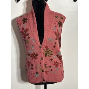 VINTAGE Eddie Bauer Women Small SweaterVest Wool Pink Floral Shawl Collar Button